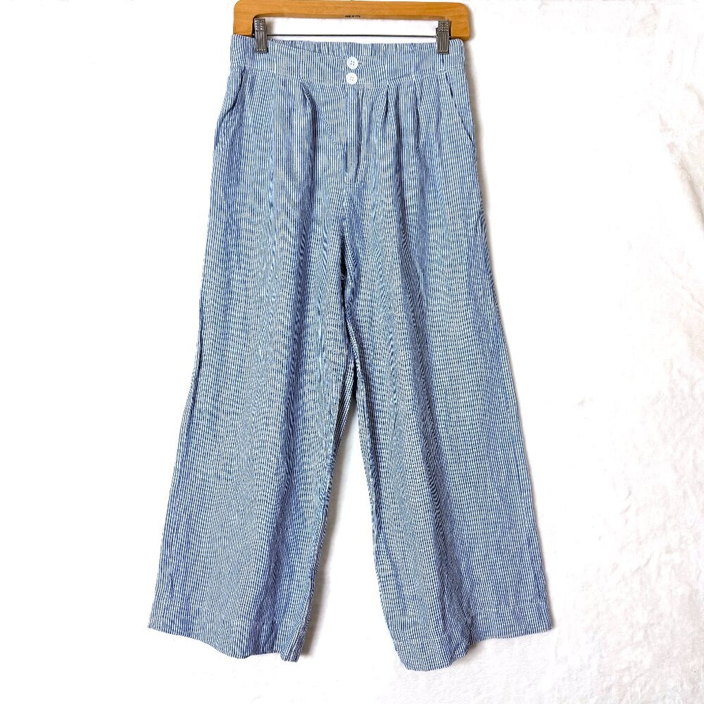 NATI BOUTIQUE Sydney Linen Pleated Striped Coastal Resort Wide Leg Pants M